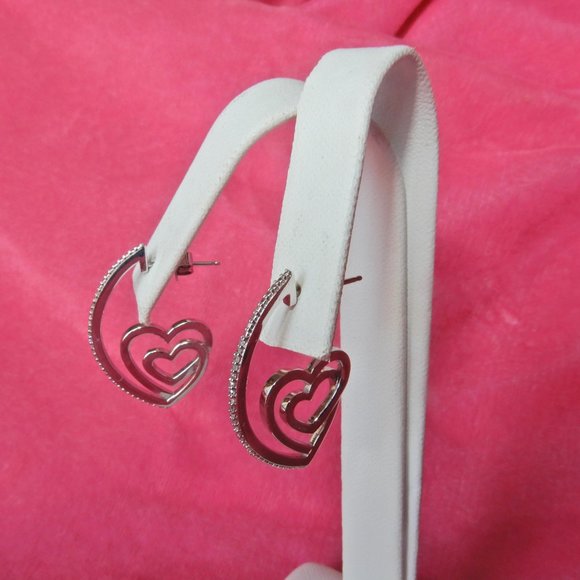 SUN 925 Sterling SILVER HEARTS DIAMONDS EARRINGS - Picture 9 of 15